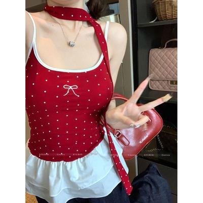 Women's Polka Dot Bow Camisole – Summer Ruffled Patchwork Top