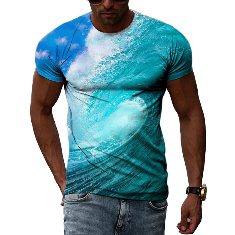 Ocean Wave Pattern T-Shirts Summer Fashion Beach Short Sleeve 3d Printed Top Loose Casual Round neck Holidaywear Mens Tees