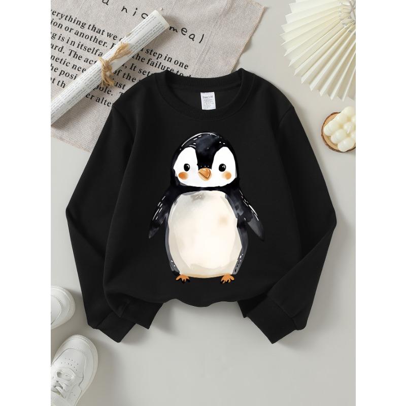 European sizes Girls' Soft Crewneck Sweatshirt, Cute Watercolor Penguin Print, Casual for Fall Winter, Ideal Holiday Present.