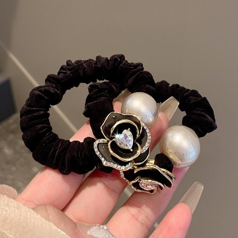 

1Pcs High End Sensation Hair Ropes Black Pearl Tea Rose Hair Ties Women S Fashionable Hair Bands Elegant Hair Rings one size