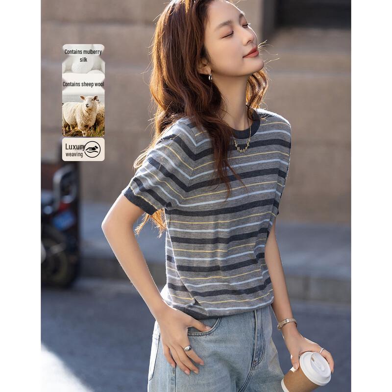 Demana Women s Silk Wool Blend Striped Knit Sweater L