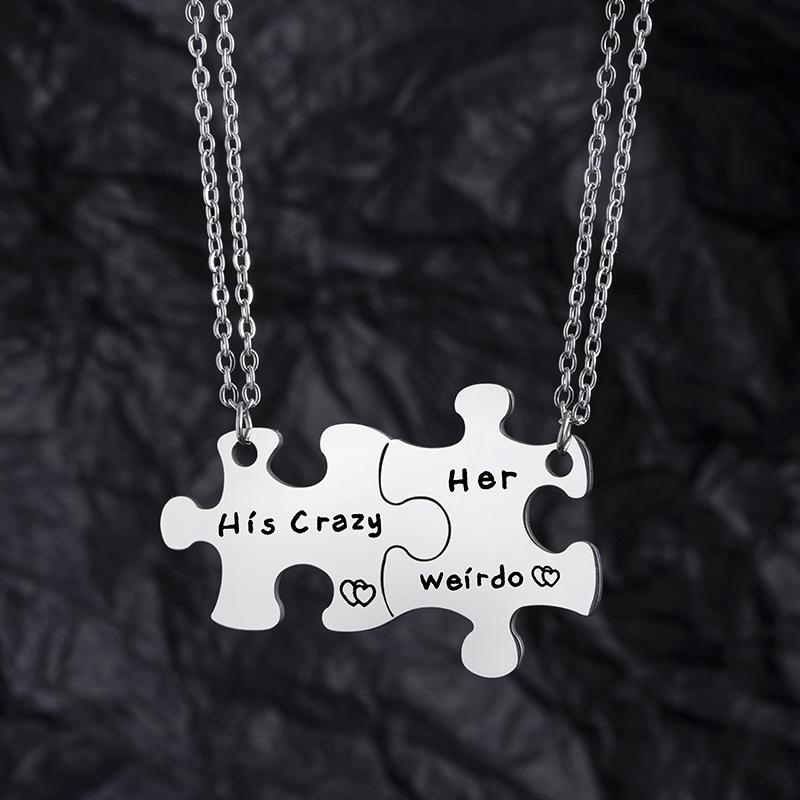 2 Pcs Engraved His Crazy Her Weirdo Jigsaw Puzzle Pendant Necklace Stainless Steel Couple Jewelry Gifts