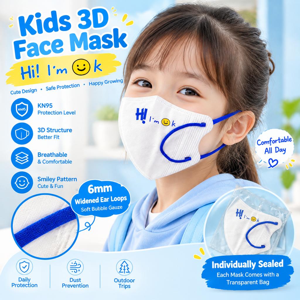 Kids 3D Face Mask KN95 Ear Loop 3-Layer Filtration Individually Sealed