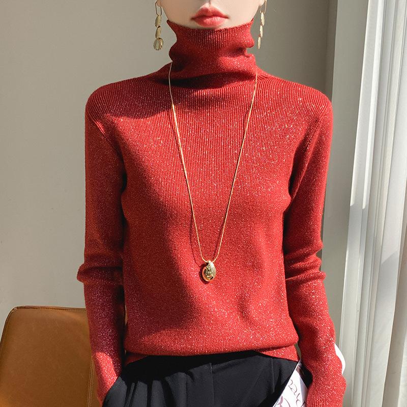 GMXIA Bright Silk Long Sleeve Knitted Bottom Shirt Women's High Neck Pullover Sweater Fashion Versatile Shorts Top Shirt