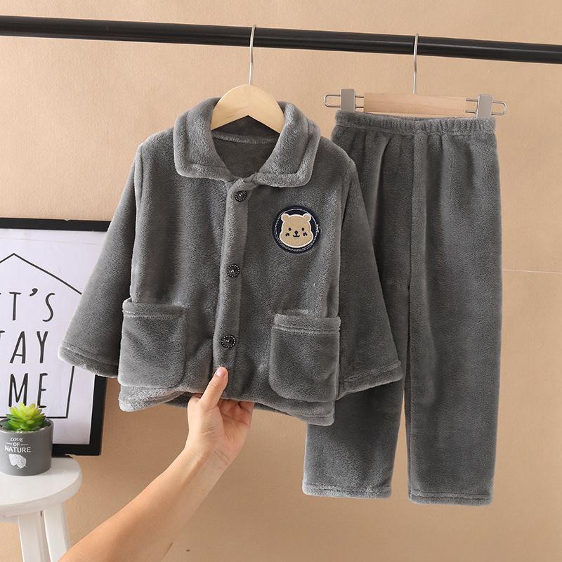 

Детские мягкие фланелевые пижамные комплекты для мальчиков и девочек, осенне-зимняя утепленная домашняя одежда, детские комплекты одежды для сна с длинным рукавом и отворотом 90 серый