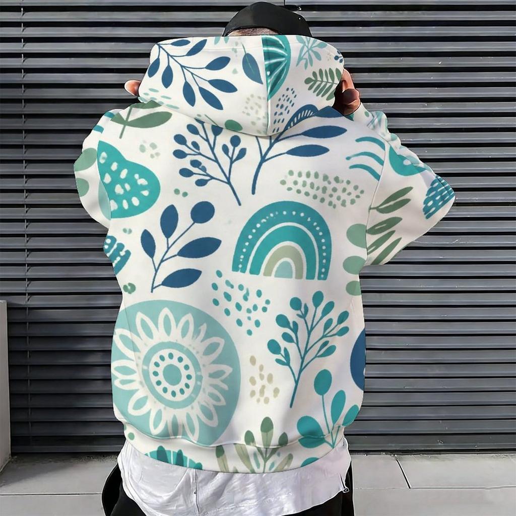 Men Plus Size Long Sleeve Drawstring Hoodie Blue White Printed Pullover With Kangaroo Pocket