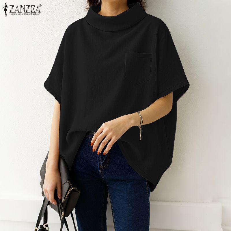 ZANZEA Women Loose Casual Stand Collar Summer Half Sleeve Blouse