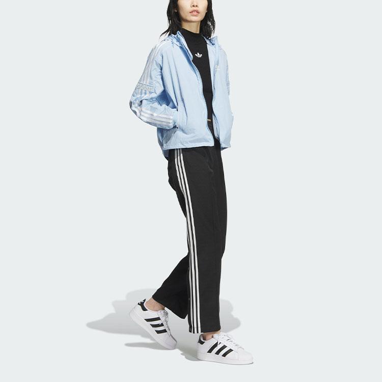 Adidas Originals Adibreak Hooded Windbreaker Jacket, Women's Snap Button Closure Powder Blue Outerwear JI7481