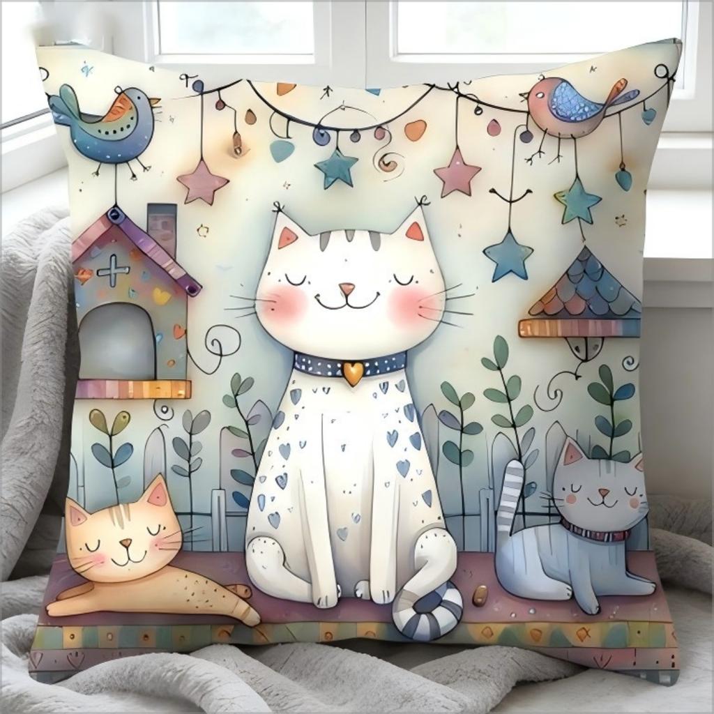 Cute Cartoon Cats Pillow Cover Whimsical Kitten Bird Print Cushion Case For Sofa Couch Boho Kids Room Cat Lover Home Decor Gift