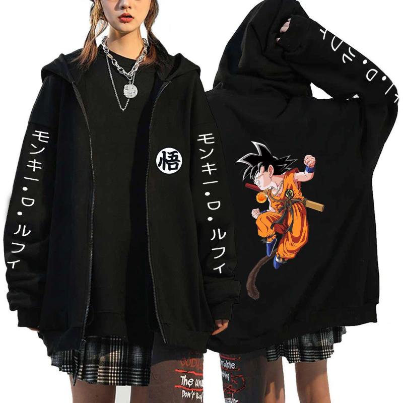 Japanese Anime Seven Dragon Ball Wukong Harajuku Anime Printing Men and Women Zipper Plush Hooded Cardigan Sweater Coat