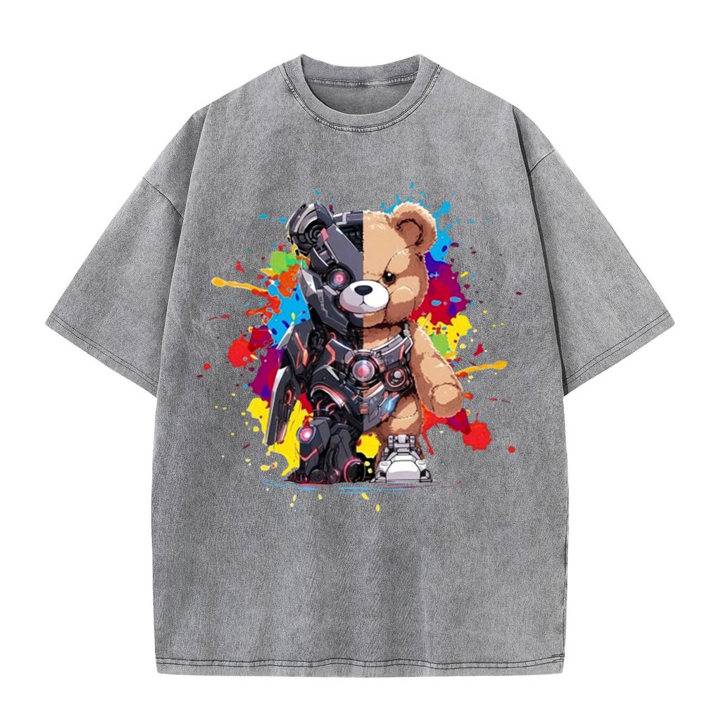 Womans Cotton Washed T-Shirts Fashion Loose O-Neck Tees Mech Warrior Bear Printing Short Sleeve Female Clothes