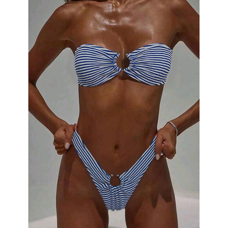 Sexy Blue Striped Bikini Women Front Ring Bandeau Push Up Thong Swimsuit Summer Bathing Suit Two Piece Swimwear Biquini