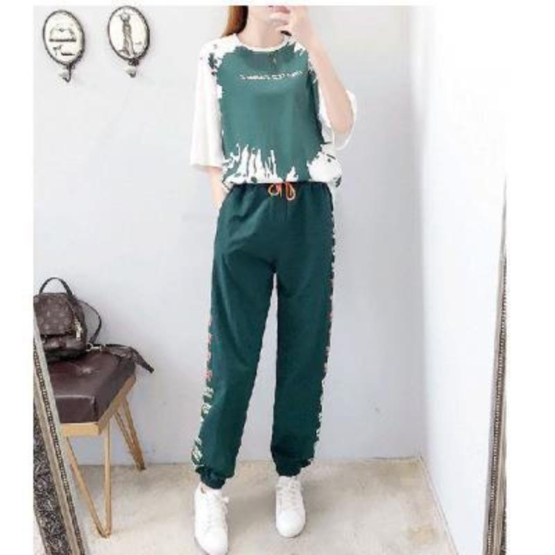 

Casual Sports Suit for Women Loose Korean Version Summer Harem Long Pants Short-sleeved Two-piece Set 3XL зелений
