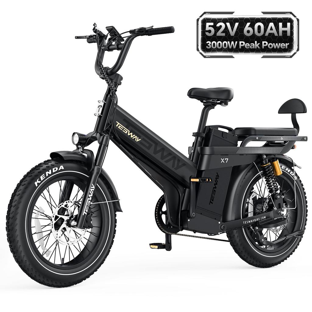 Tesway X7 Pro Electric Bike, Peak 2000W Motor, 52V 60Ah Battery, Range 300km, 20*4.0'' Tires, 7 Speed, Color Display