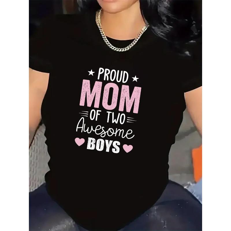 

European sizes Women S PROUD MOM OF TWO Awesome Black & White Graphic T-Shirt Round Neck, Short Sleeve, Machine Washable 4XL