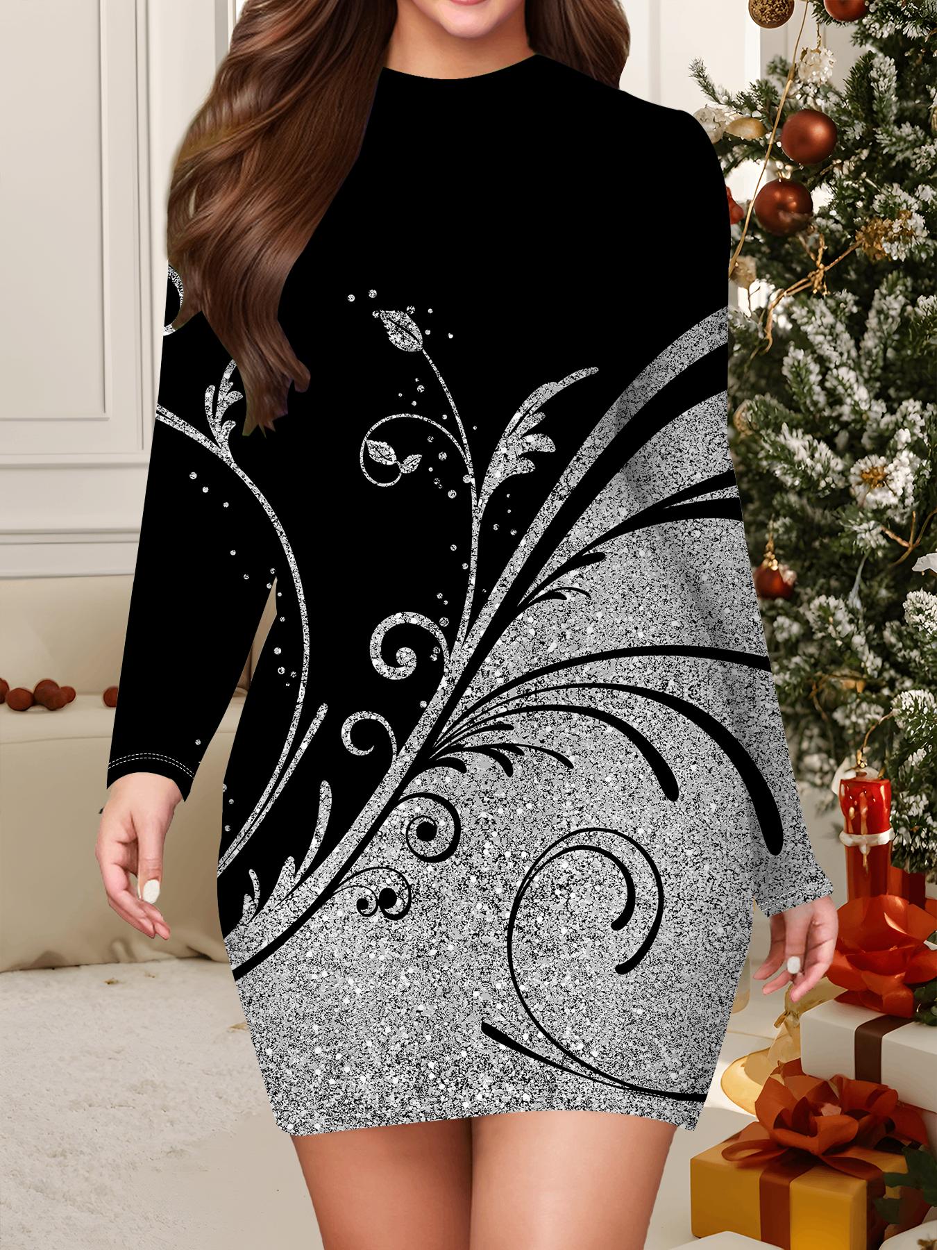 

2025 Осень и Зима Новое Женское Платье в Облипку, 3D Листовой Принт и Крашение Женская Мода Платье в Облипку с Длинным Рукавом и Круглым Вырезом XXL белый