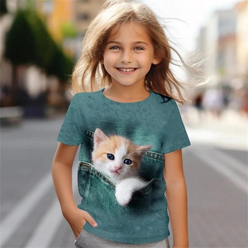 Summer Fashion Women's T-shirt Animal Cat Pattern 3D Print Casual Loose Outdoor Girl and Boy Short Sleeve Tees Top Pullover