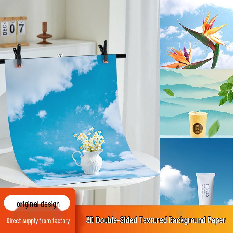 3D Double-Sided Photography Backdrop with Tree Shadows, Blue Sky, and White Clouds for Still Life, Food, and Makeup Photography.