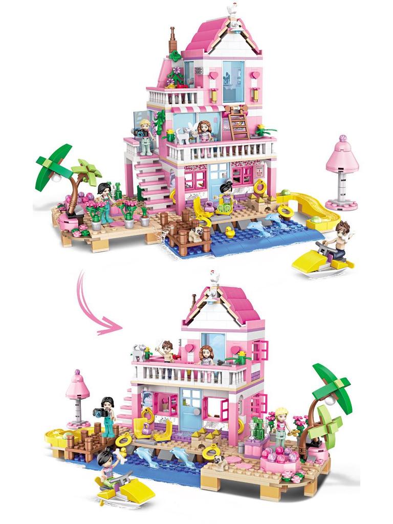 Tide Baby Lego-Compatible Girls' Beach Villa Building Blocks Puzzle Toy
