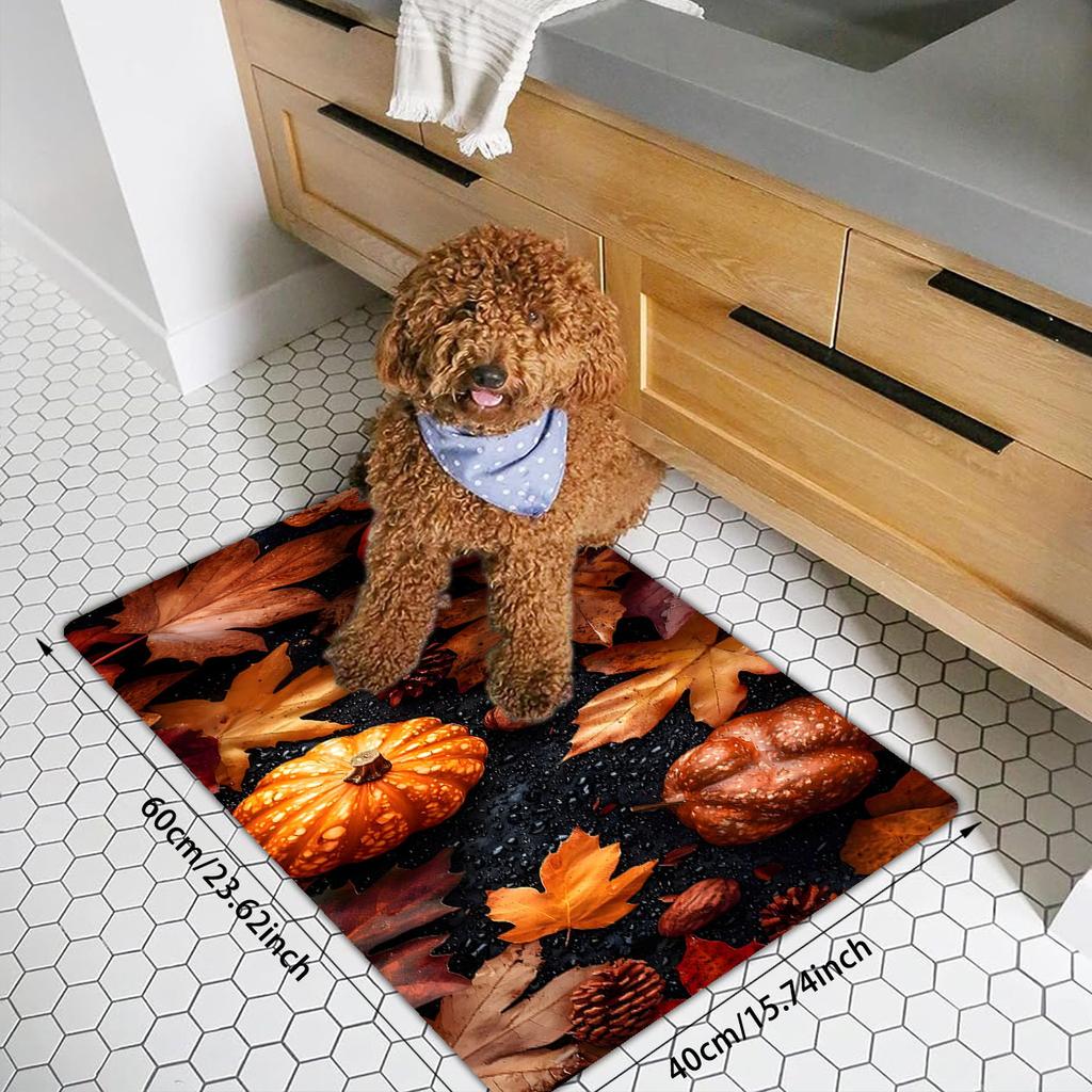 Fall Harvest Pumpkin & Maple Leaf Kitchen Mat, Non-Slip Floor Rug for Indoor Outdoor, Entryway & Home Decor