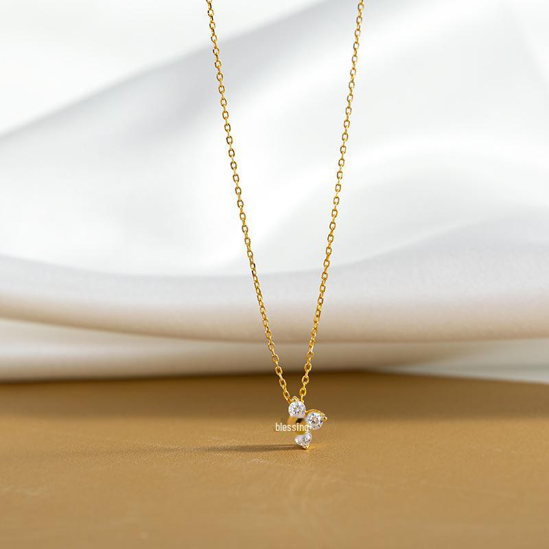 Halskette mit vierblättrigem Kleeblatt aus S925er Sterlingsilber, 14 Karat plattiert, mit Zirkonia und Diamantblumenanhänger, trendige Schlüsselbeinkette.