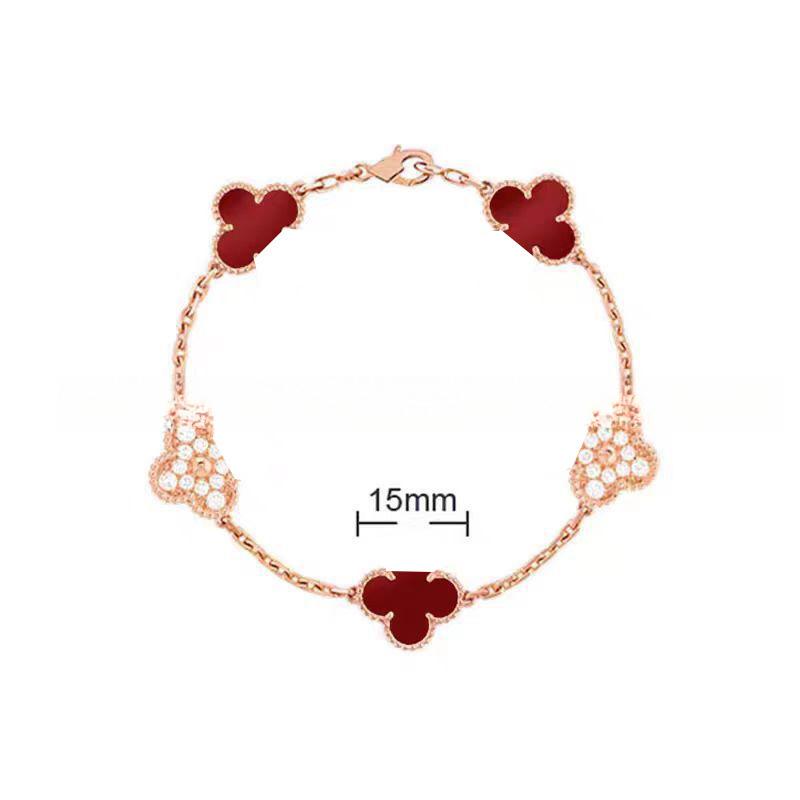 15MMHigh-quality Four-leaf Clover Five-flower Bracelet for Women 18k Natural White Mother-of-pearl and Red Chalcedony Bracelet