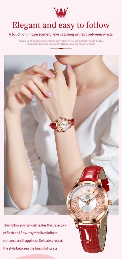 OLEVS Women's Watch Set - Easy-to-Read Bracelet Watch - Premium Stainless Steel - Calendar, 3 ATM Water Resistance, Luminous Gold/Silver (Red)