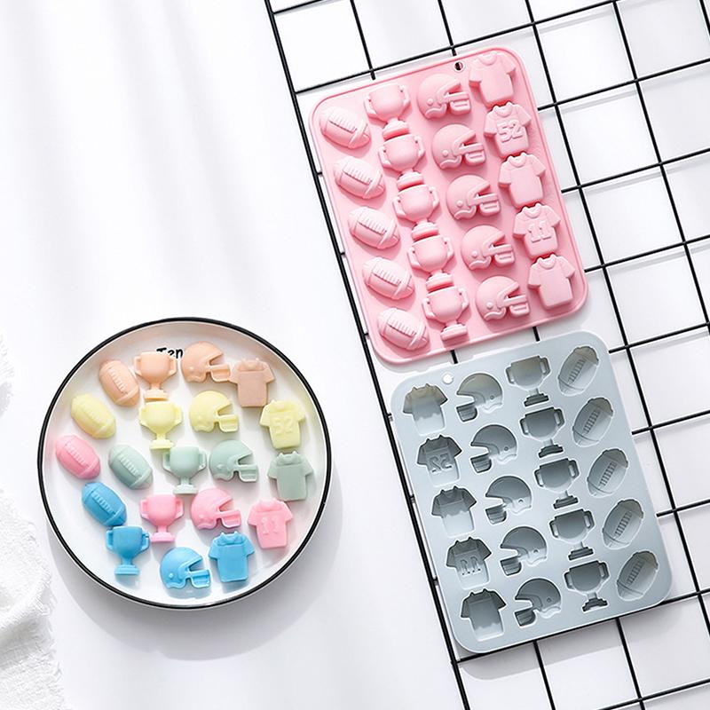 Football Chocolate Mold,Sports Theme Silicone Mold, 20-Cavity Football Rugby Trophy Helmet Jersey Silicone Fondant Candy Mould