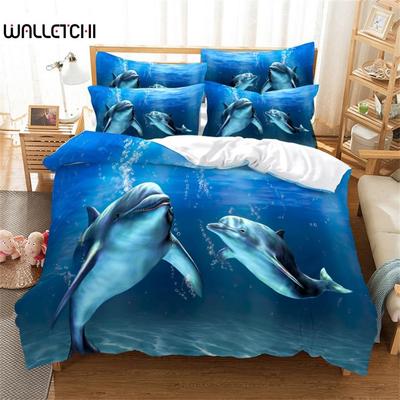 Lovely Dolphin Duvet Cover Blue Ocean Sea Animal Bedding Set Queen King Size Comforter Cover for Women Girls Bedroom Decoration