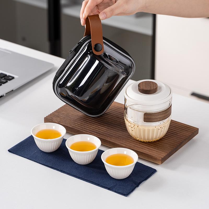 Modern simple Kung Fu travel tea set, glass filter, one pot, three cups set, high-end business commemorative gift