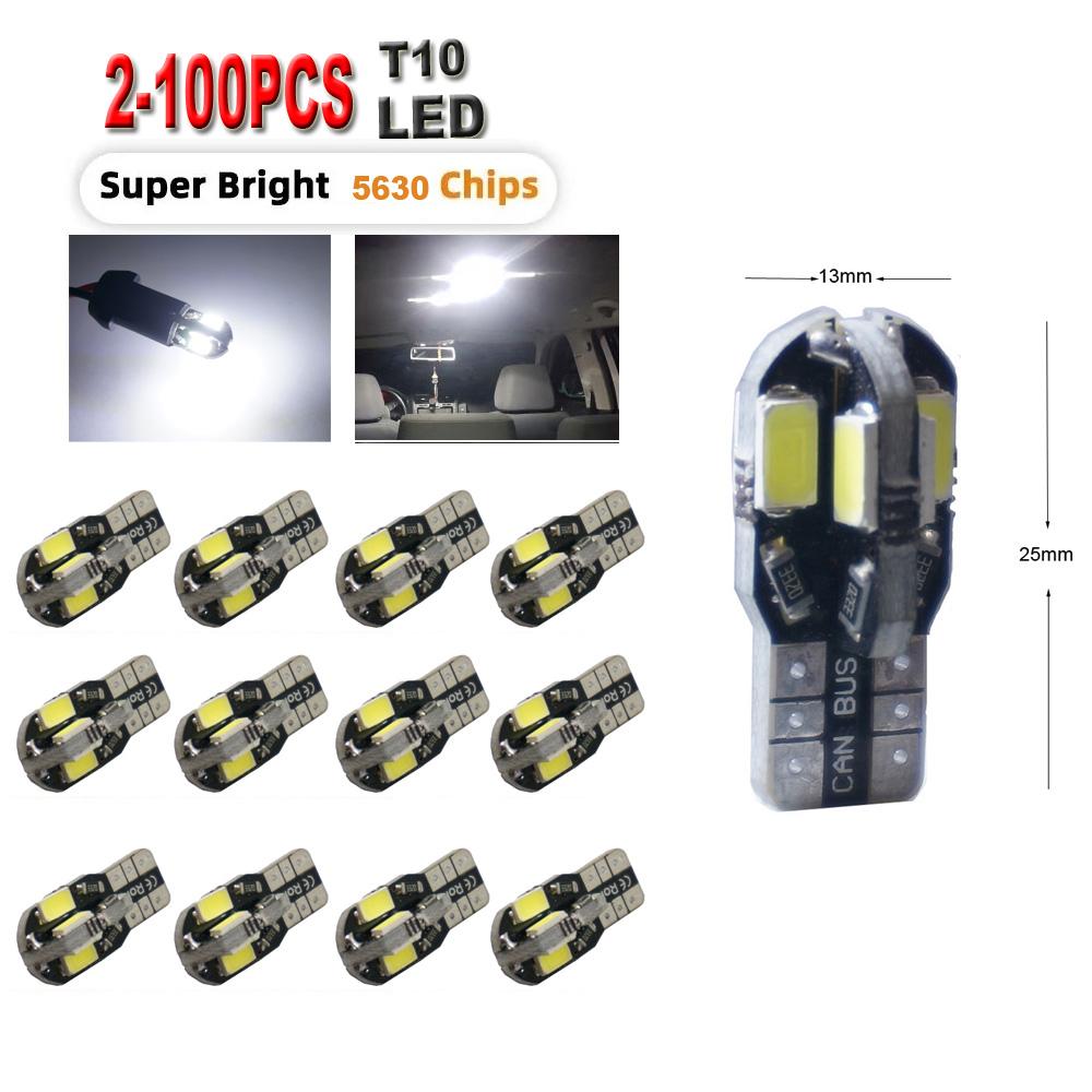 2/5/10/50/100 PCS T10 194 W5W LED Bulbs Car Interior Dome Maps Glove Box Trunk License Plate Lights 12V 5630-8SMD 6000K White Dome Lights 6
