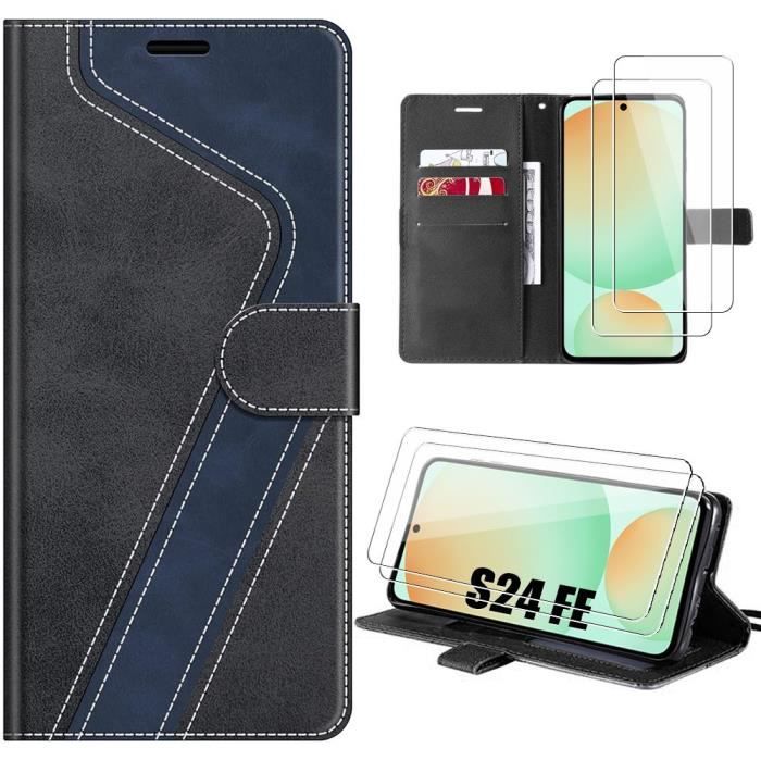 Coque et 2 Verres Trempés pour Samsung Galaxy S24 FE (pas pour S24) Anti-Rayures Cuir PU Noir-Bleu Marine