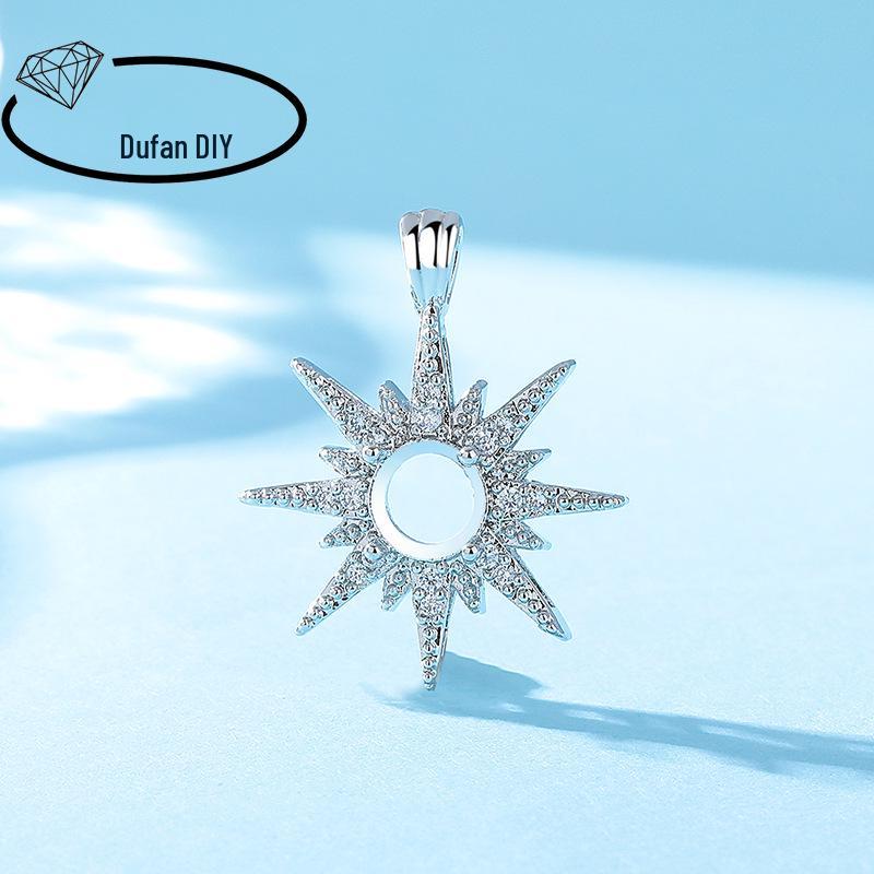 White Gold Octagram Star Copper Pendant, Women's Round CZ Cabochon Setting, Imitation 925 Silver