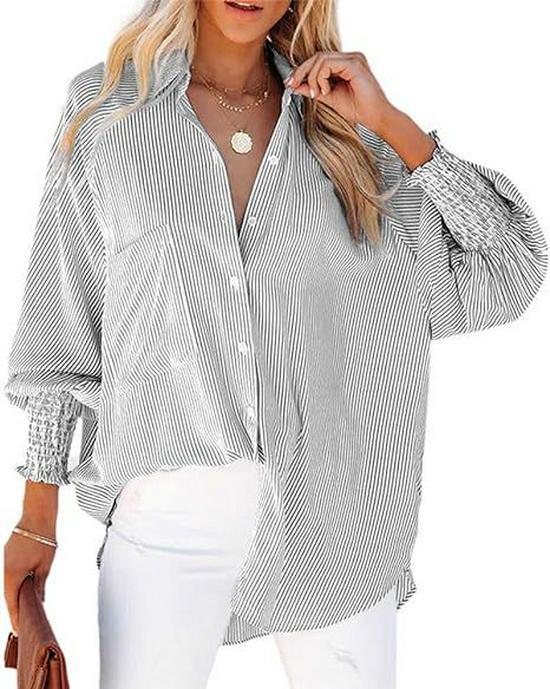 Striped Long-Sleeve Loose Casual Women's Shirt with Pocket