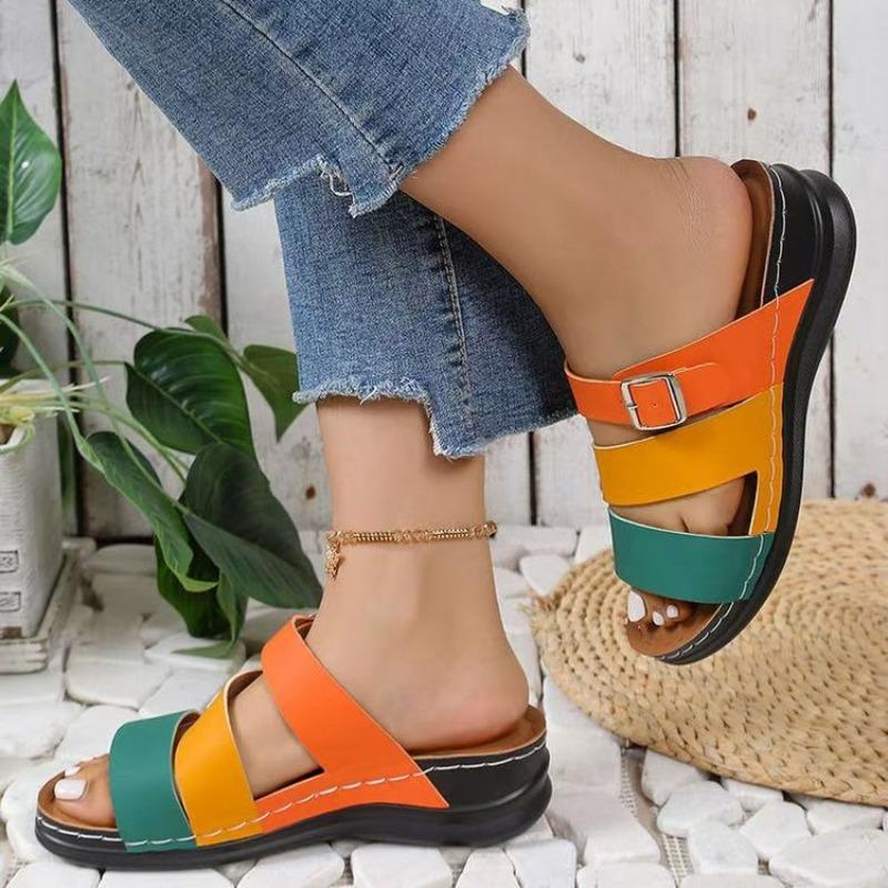 Women's Plus Size New Summer European American Style Color Blocking Wedge Heel Open Toe Slide on Beach Sandals