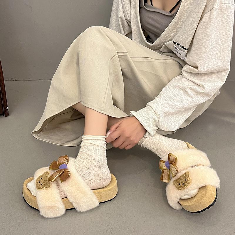 French fairy style sub-bow fluffy shoes female 2025 autumn and winter new outer wear advanced sense warm cotton drag female