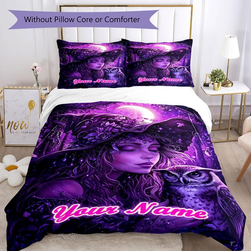 3pcs Custom Name Moonlit Witch's Dream Bedding Set Printed Bedding Set Duvet Cover Closure Includes 1 Duvet Cover & 2 Pillowcases Bedroom Decor