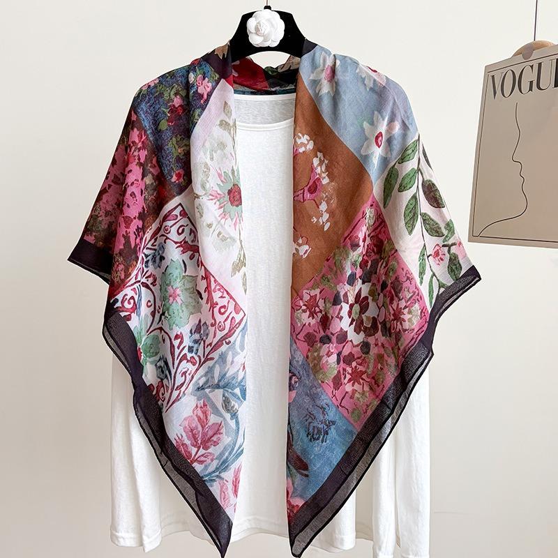 [Variety sunscreen shawl retro printed square scarf women's summer silk cotton silk scarf