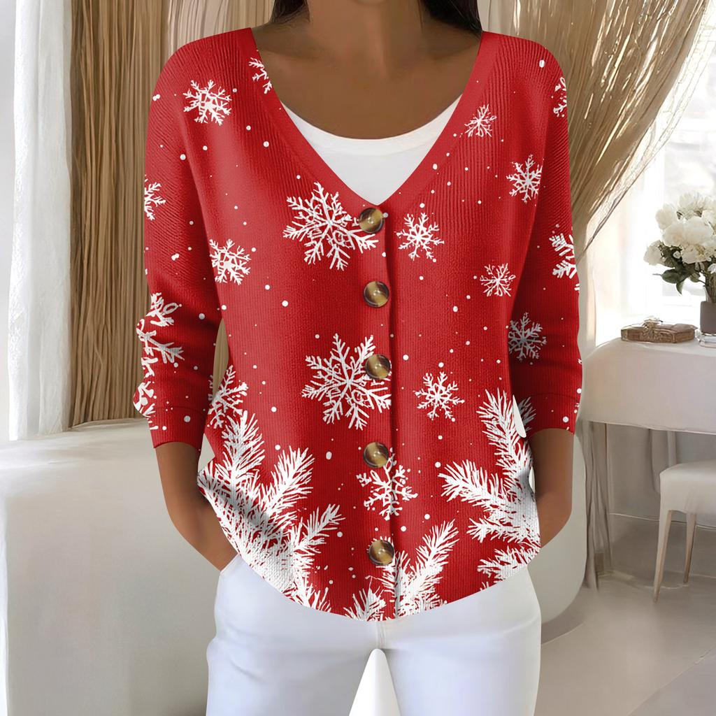Damemote Langermet Christmas Snowman Snowflake Print Jakke Cardigan