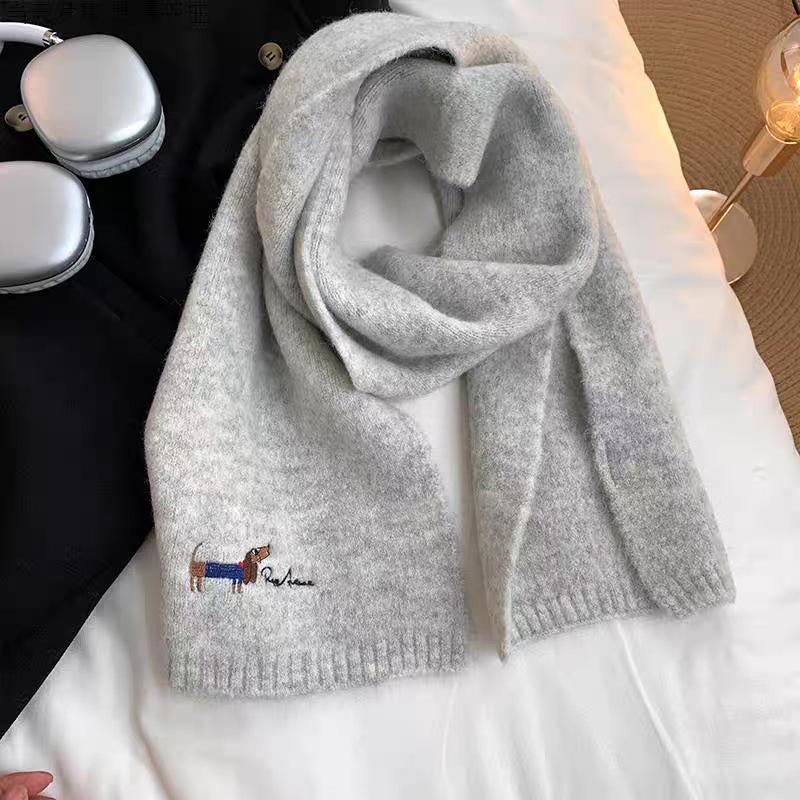 Korean Style Thickened Winter Puppy Embroidery Scarf - Warm, Versatile, Windproof Shawl for Women