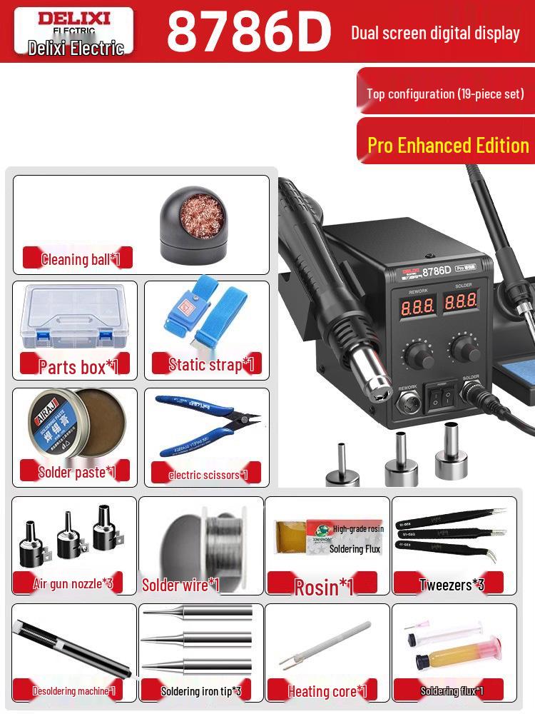 Delixi Electric 2-in-1 Soldering and Desoldering Station with Hot Air Gun and Worktable