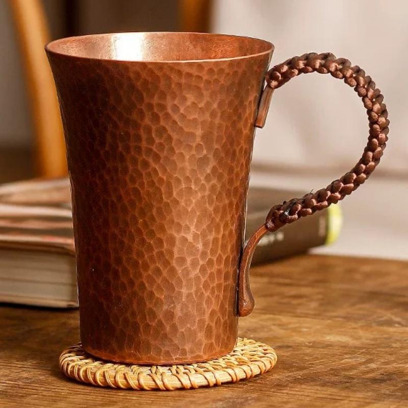 Tazza Antica in Rame Puro, Con coperchio Manico Intrecciato Tazza Spessa per la Colazione, Bicchiere da Tè Artigianale Bicchieri Stoviglie Tazza da Caffè