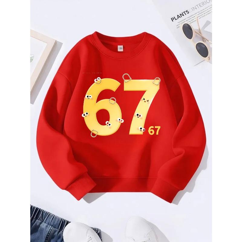 Birthday Gift For Kids Aged 4-12 Cute Yellow Cartoon Face Safety Pin Number 67 Graphic Sweatshirt Unisex Boys Girls Kawaii Pink Soft Fleece Crewneck