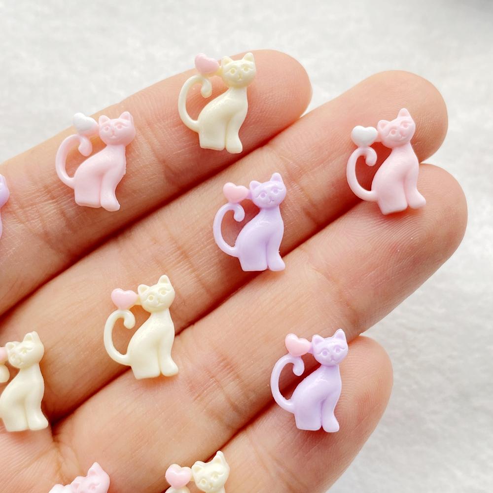 50pcs Colorful Resin Mini Cute Cartoon Heart Shaped Cat Head Nail Art Flat Back Figurines Scrapbook DIY Jewelry Decor Crafts