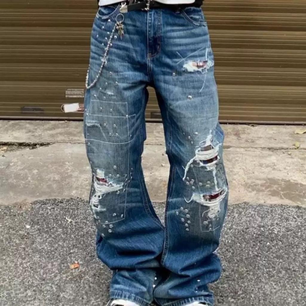 STREETRICH Retro American High Street Loose Straight Leg Men's Denim Pants