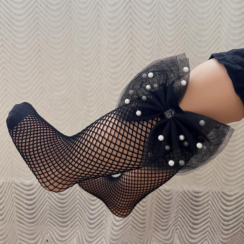 Children s Breathable Mesh Pantyhose With Big Bow & Pearls Knee-Length Baby Sockings-Girl Princess Style 2 чёрный