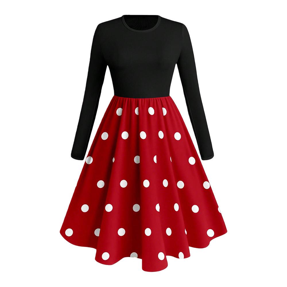 Plus Size Women's Hepburn Style Polka Dot A-line Dress with Round Neck and Long Sleeves