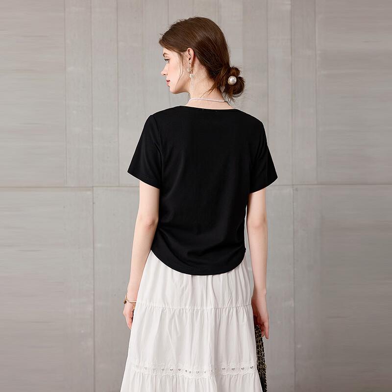 Women's Beaded Bowknot V-Neck Short Sleeve Slim Fit T-Shirt
