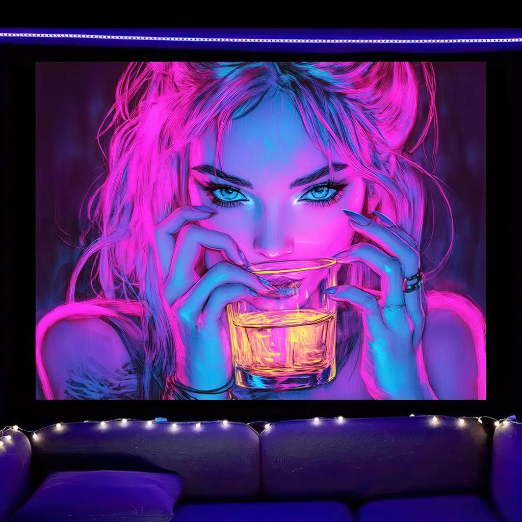 BlissYard Blacklight Tapestry Bedroom Cool Cute Girl Anime Wall Tapestry Aesthetic UV Reactive Purple Tapestries Glow In The Dark Art Wall Hanging