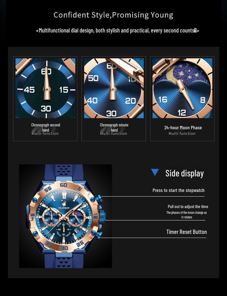 Playboy Men's Multi-Function Waterproof Sports Watch with Large Dial and Three Eye Design.